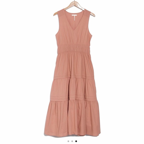 NWT StitchDrop Coral Quartz Midi Dress M Elegant-Tiered-Pockets Smocked Waist - Picture 3 of 3